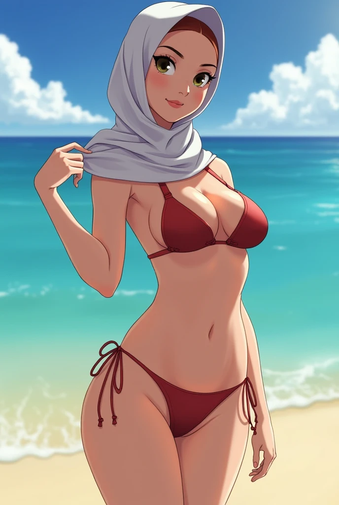 West coast, a white micro bikini that seems to be sticking out, a small bikini swimsuit, a tanned woman's large body, a beautiful face that anyone can see, a feminine body line, large breasts, silk Hijab, a bikini that seems to be sticking out, a large butt, a sandy beach, feminine waist, high resolution