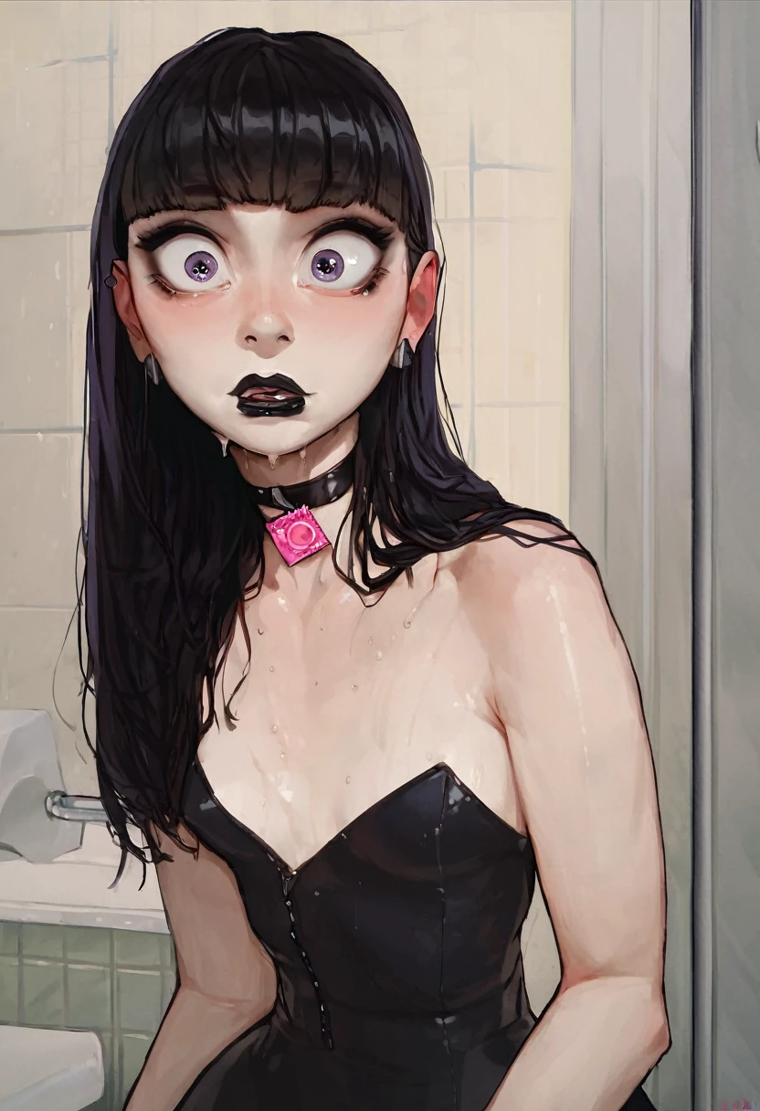 rating_safe, score_8_up, score_7_up, score_6_up, uncensored, wet skin, small breasts, pale skin, cute face, kid-like proportions, big eyes, (((glossy black hair, bangs, long hair))), tiny prepubescent japanese cute goth-girl holding up full bulging ripped condom close to face,  dribbling out of hole in condom, shocked look, one hand resting on abdomen, miniskirt, tight stockings, hickey on neck, big cute scared eyes, dark public bathroom background, goth girl clothes, glossy black lipstick, closeup