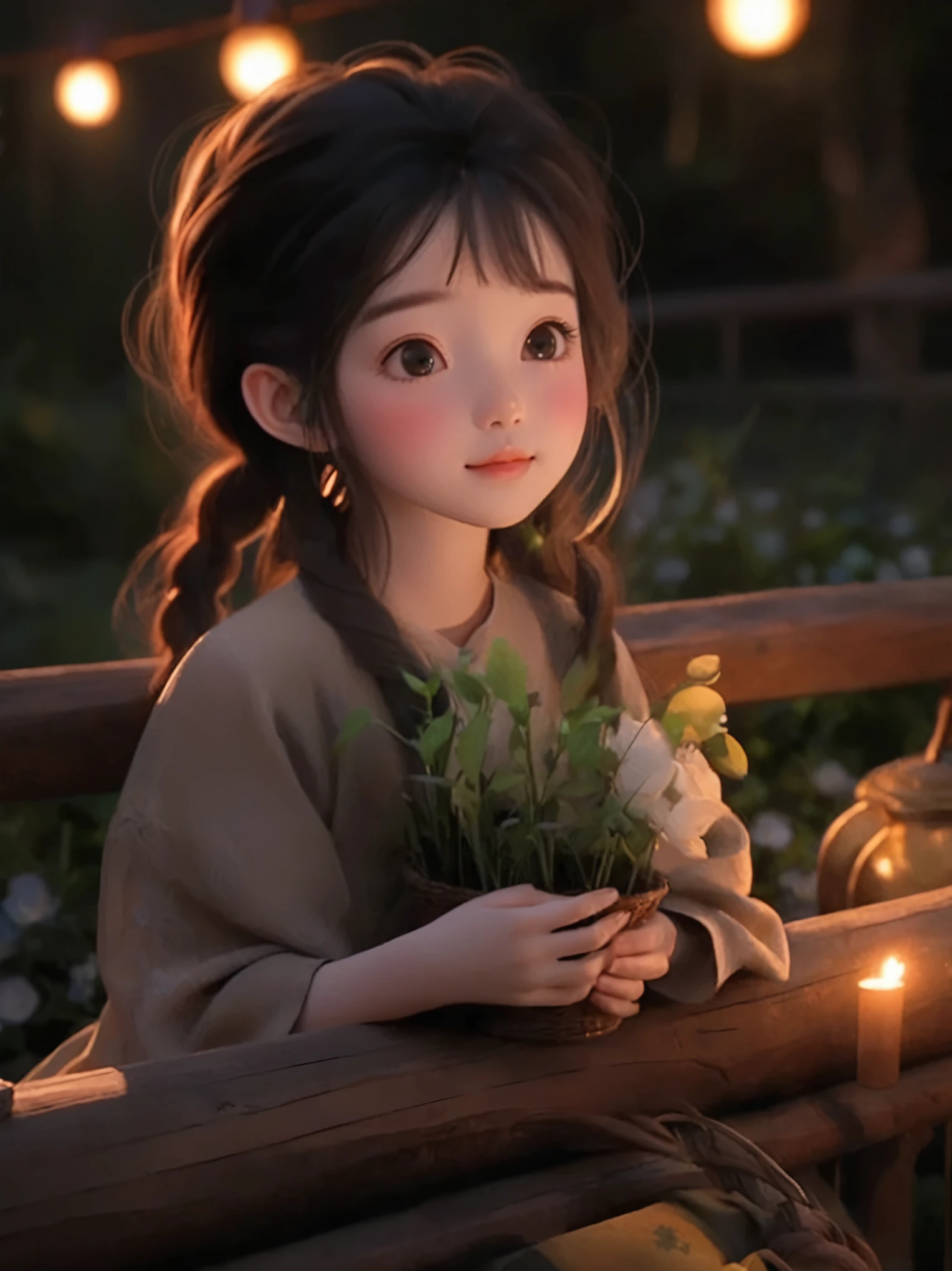 A long-haired girl sitting on a bench，Holding a cup in hand, charming细致的数字艺术, charming的数字艺术, charming卡通 character, charming的肖像, charming卡通, charming的角色, Soft portrait shots 8 k, charming的数字, charming的 3d 渲染, charming, charming的动漫女孩, charming美丽, Beautiful soft lighting, charming, charming的卡哇伊女孩