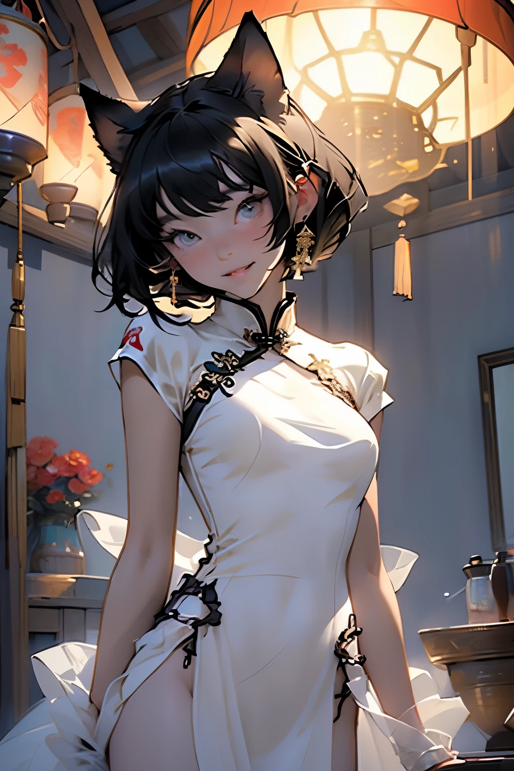 (Highest quality, masterpiece, High resolution)、4K Anime Art、(One girl)、(whole body:1.4)、 (Detailed depiction of a cute face)、Black Hair、short hair、semi-long、Bobcut、hair ornaments、(Cat ear)、(China dress:1.4)、セクシーなミニChina dress、Captivating smile、Small breasts, slim hips and waist, slender thighs、Cinematic Light、Soft Light、(indoor、dim、lamp)、(Simple Background inside warm Mongolian yurt)、