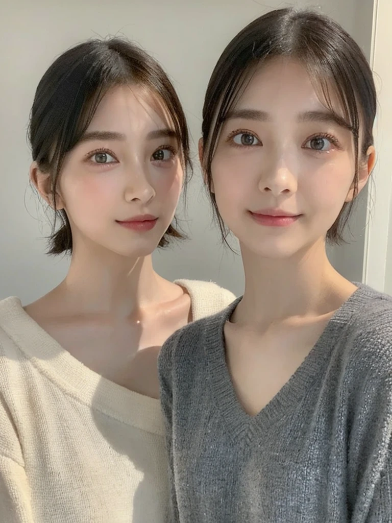 (masterpiece:1.3), (8k, Photoreal, Raw photo, best image quality: 1.4), Japanese high school girl、(random hairstyle:1.2)、cleavage:1.5、super detail face、eye for details、double eyelid、chest to chest、sharp focus:1.2、Beautiful woman:1.4、light brown hair、highest quality、masterpiece、超A high resolution、(Photoreal:1.4)、Highly detailed and professionally lit smiles、loose and light knitwear、shoulder out、thin、serious expression、short haired、deadly position
similar identical twins
All the girls have the exact same face, The two have the same face and figure, as if they were mirror images.