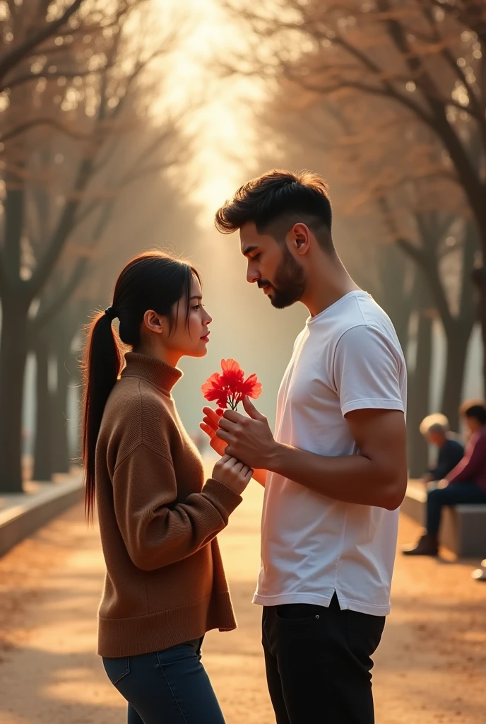 L'image montre un couple en plein air, sous un ciel clair sans nuages. La femme est à gauche, portant un pull brun à col roulé, ses cheveux longs et foncés sont attachés en arrière. Elle regarde vers le bas, semblant attentive à quelque chose que l'homme lui montre.
L'homme, debout à droite, est vêtu d'une chemise blanche à manches courtes et d'un pantalon noir. Il tient dans ses mains une fleur rouge et regarde attentivement celle-ci, comme s'il la montrait à la femme ou la tenait délicatement pour elle.
L'arrière-plan montre une allée bordée d'arbres, certains légèrement dénudés, peut-être à cause de la saison. Les couleurs chaudes de la terre et le léger effet de lumière dorée suggèrent que la photo a été prise en fin de journée, probablement au coucher du soleil. Il y a aussi d'autres personnes floues à l'arrière-plan, assises ou se tenant debout, mais elles ne sont pas le point focal de l'image.
Pour générer une image similaire, il serait important de capturer ces éléments :
1. **Couple** : Un homme et une femme se tenant debout, proches l'un de l'autre, l'homme tenant une fleur rouge.
2. **Vêtements** : Chemise blanche et pantalon noir pour l'homme, pull brun pour la femme.
3. **Ambiance** : Ciel dégagé, lumière dorée, arrière-plan naturel avec une allée bordée d'arbres.
4. **Interaction** : Un échange visuel ou gestuel centré sur une fleur, avec une attitude attentionnée et douce.
5. **Arrière-plan** : Arbres légèrement dénudés et une allée de terre battue, suggérant une scène en extérieur dans un parc ou une rue calme.