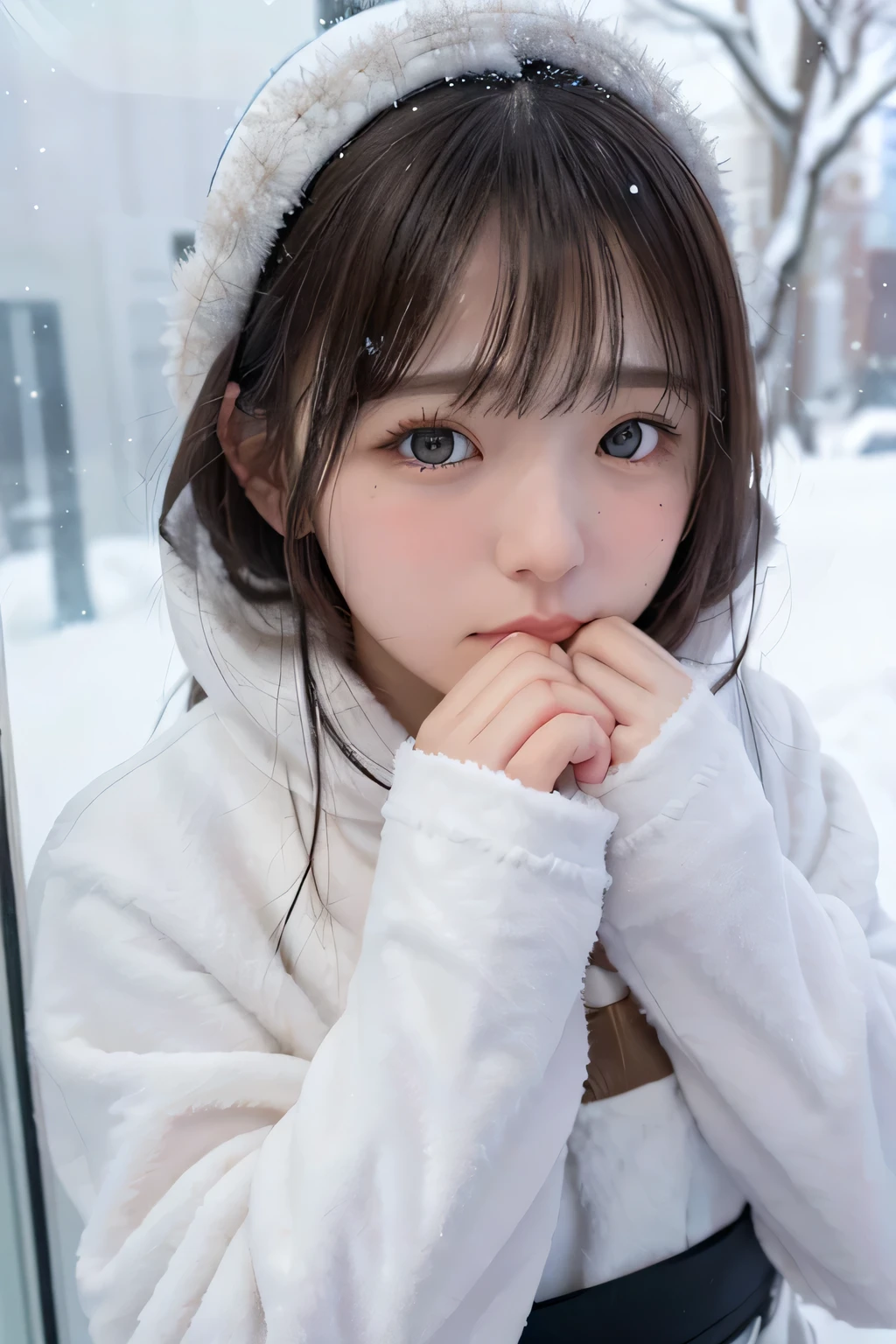 Through the glass、winter, landscape, snow, cold, trembling, snot, breathe, snot, Outdoor, One girl, alone,High resolution, ,Moe sleeves