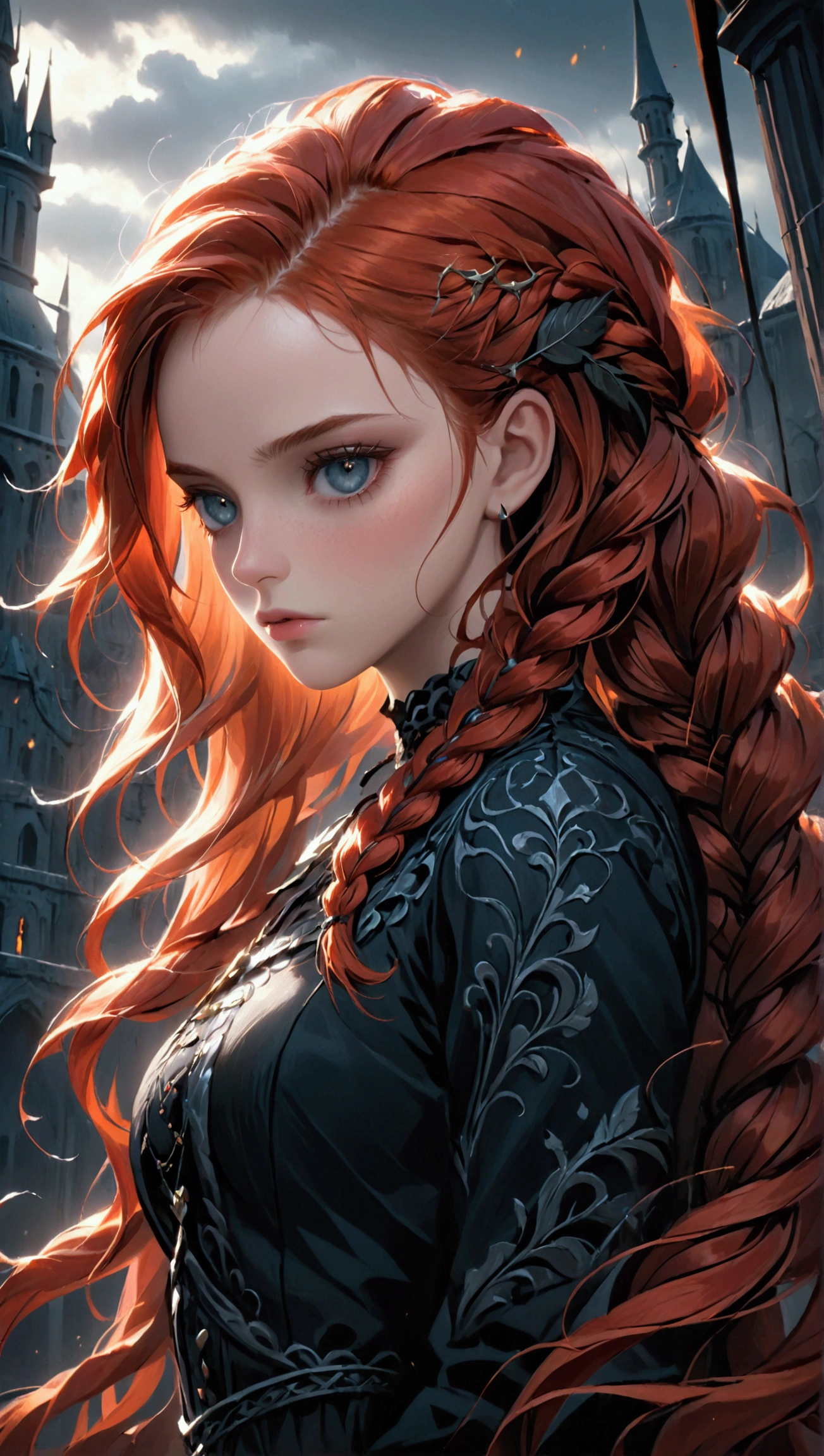 a beautiful redheaded woman in her 20s, wild hair, braids, dark fantasy, gloomy, highly detailed face, detailed eyes, detailed lips, long eyelashes, photorealistic, 8k, hyperdetailed, dramatic lighting, moody atmosphere, fantasy art, dark colors, dramatic mood