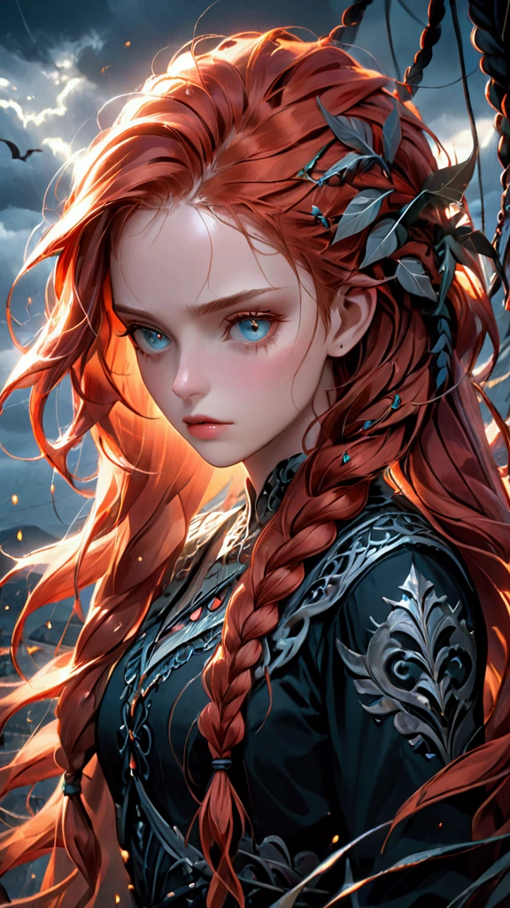 a beautiful redheaded woman in her 20s, wild hair, braids, dark fantasy, gloomy, highly detailed face, detailed eyes, detailed lips, long eyelashes, photorealistic, 8k, hyperdetailed, dramatic lighting, moody atmosphere, fantasy art, dark colors, dramatic mood