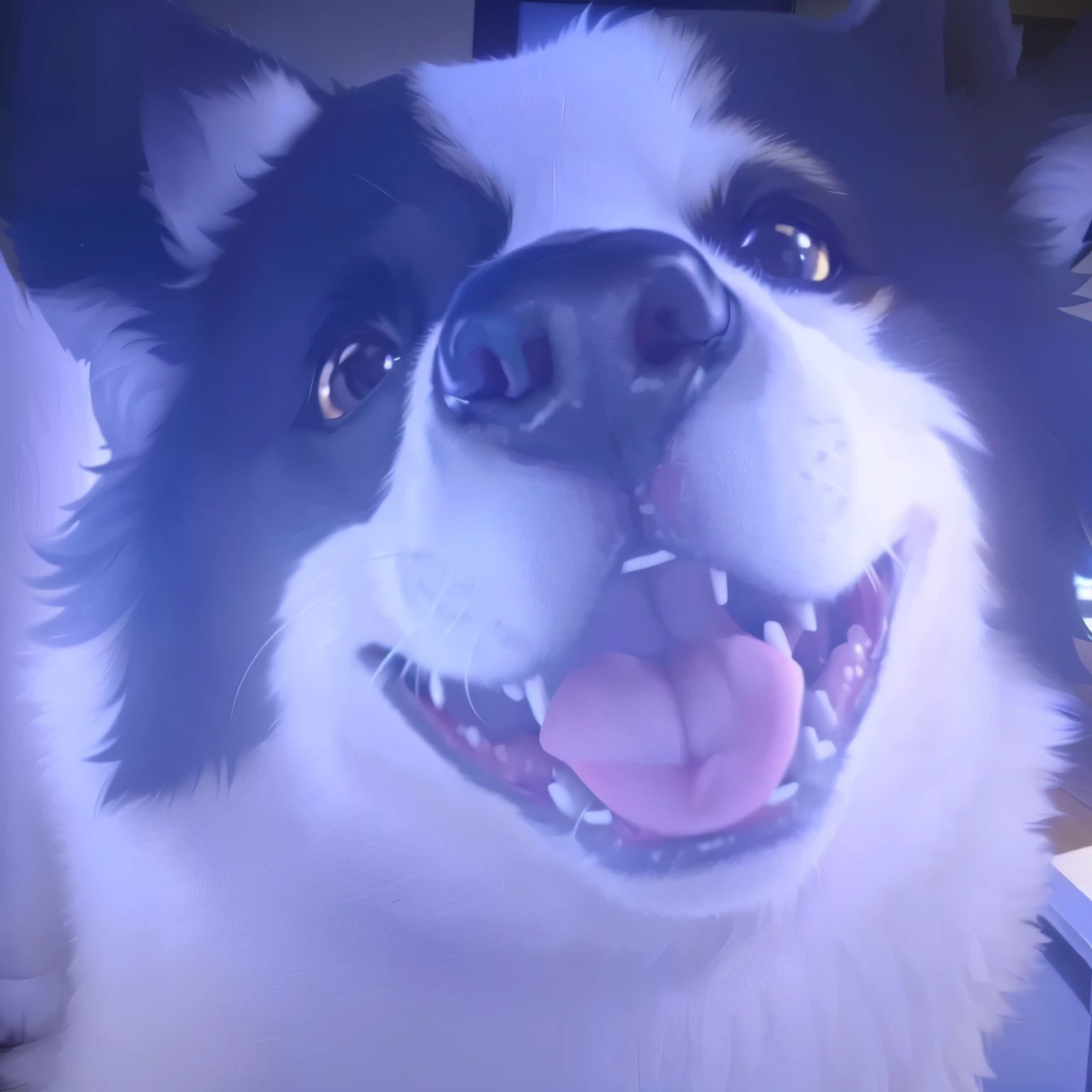 there is a dog wear tshirt "I love AOM" that is sitting on a tv screen, happily smiling at the camera, closeup. mouth open, he has a glow coming from him, very very low quality picture, morphing dog head, selfie of a dog, he is smiling, 4 k hd fur face!!!, he is very happy, happy finnish lapphund dog