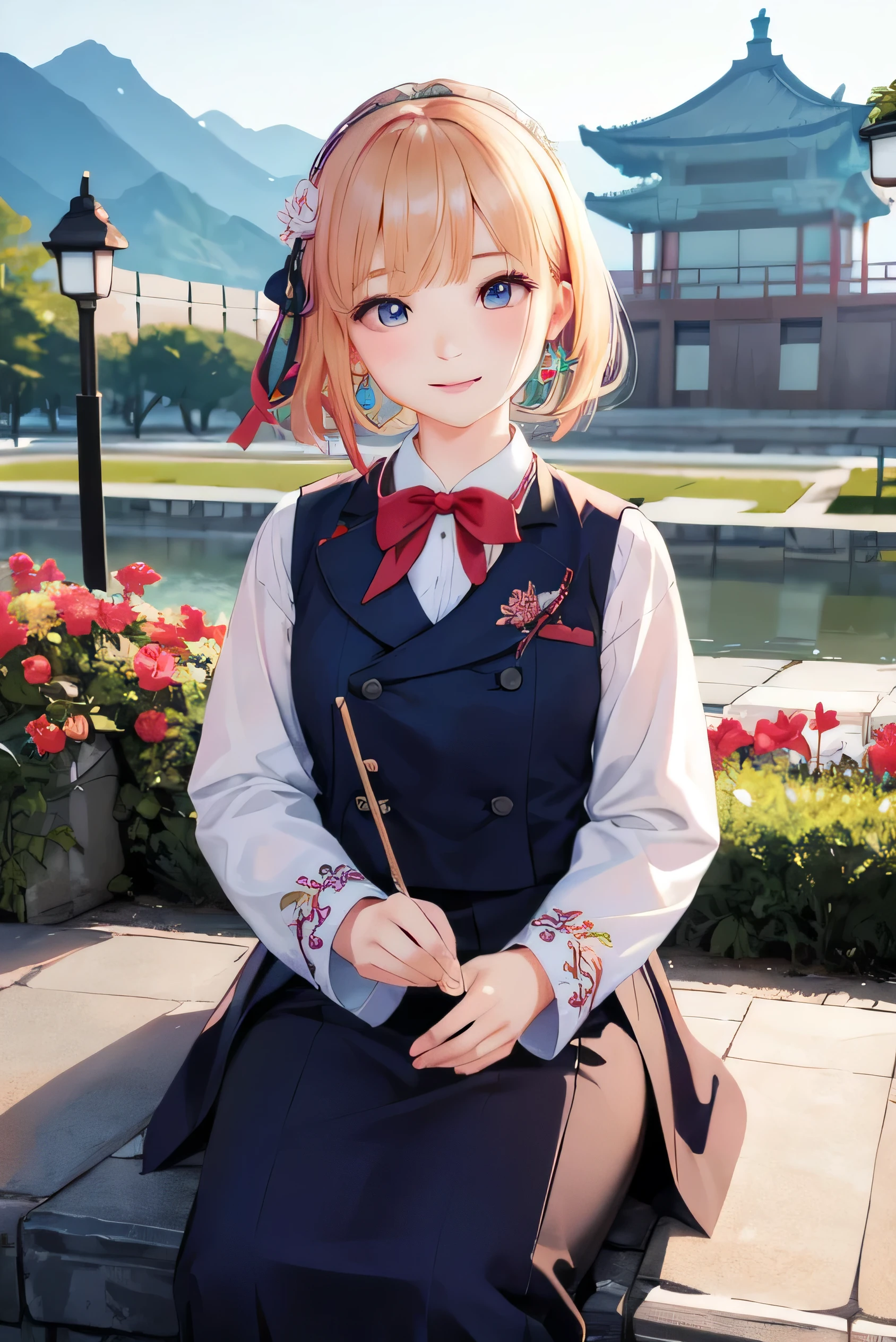 1 korean girl, Colorful vest (Han bok), best quality, masterpiece, illustration, (realistic, photo-realistic:1.37), amazing, in detail, incredibly absurd, huge file size, very detailed, mackerel, very detailed CG Unity 8k 벽지, ray tracing, 1 woman, moderate chest, 야외에서 초상화 각도로 사진을 찍는 Han bok을 입은 귀여운 한국 소녀, In front of Gyeongbokgung Palace, With a smiling face, blush, hair ribbon, earring, Head flower, Short hair, seoul background, Or the night view of Seoul, masterpiece