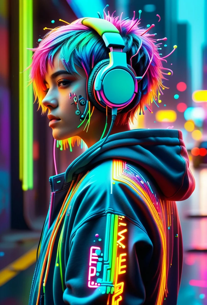 sci-fi style neonpunk, cyberspace dj club, augmented reality street artist, wearing a holo-hoodie, from the sides and on the side, headphones, short neon undercut hair, neon rim lighting, 
mad-thrdpnt, paint splashes, colorful . futuristic, technological, alien worlds, space themes, advanced civilizations