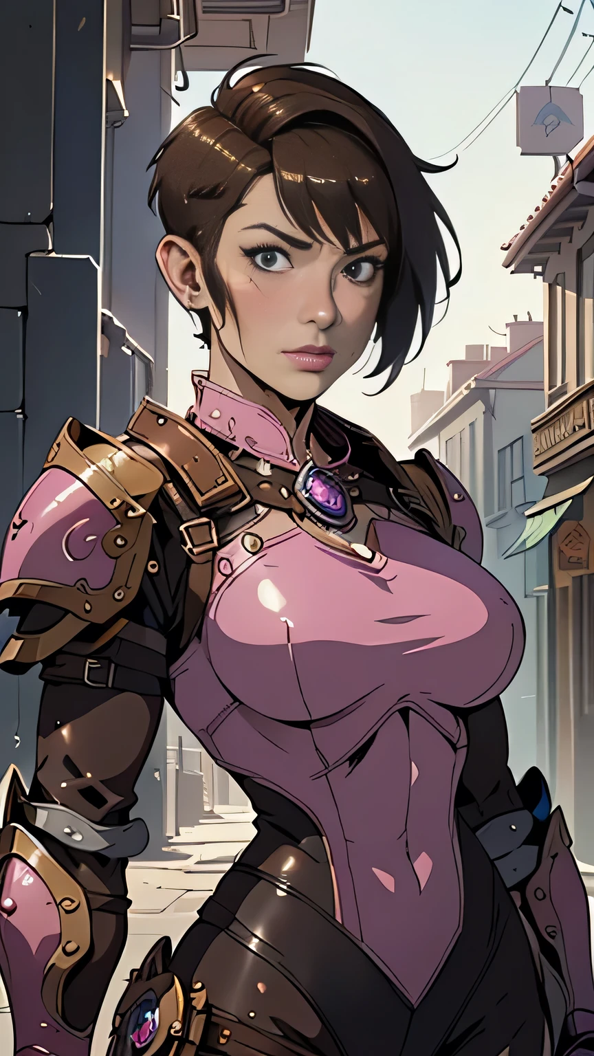 photo of mlp Meowko, RAW, beautiful woman, ((portrait)), ((detailed face:1.2)), ((anime face, anime facial feature, beautiful anime mouth, clear skin, clear skin), (short messy lesbian haircut, one shaved side, brunette: 1.55), (perfect proportioned body, Strong, muscular, narrow waist, narrow hips, skinny, large breasts), (wearing pink Warcraft leather armor, leather hunter armor: 1.4), (steampunk city streets: 1.15), (realistic photo, best quality, detailed), (8k wallpaper), (cinematic lighting, beautiful light, (day:1.3)) (sharp focus, intricate)