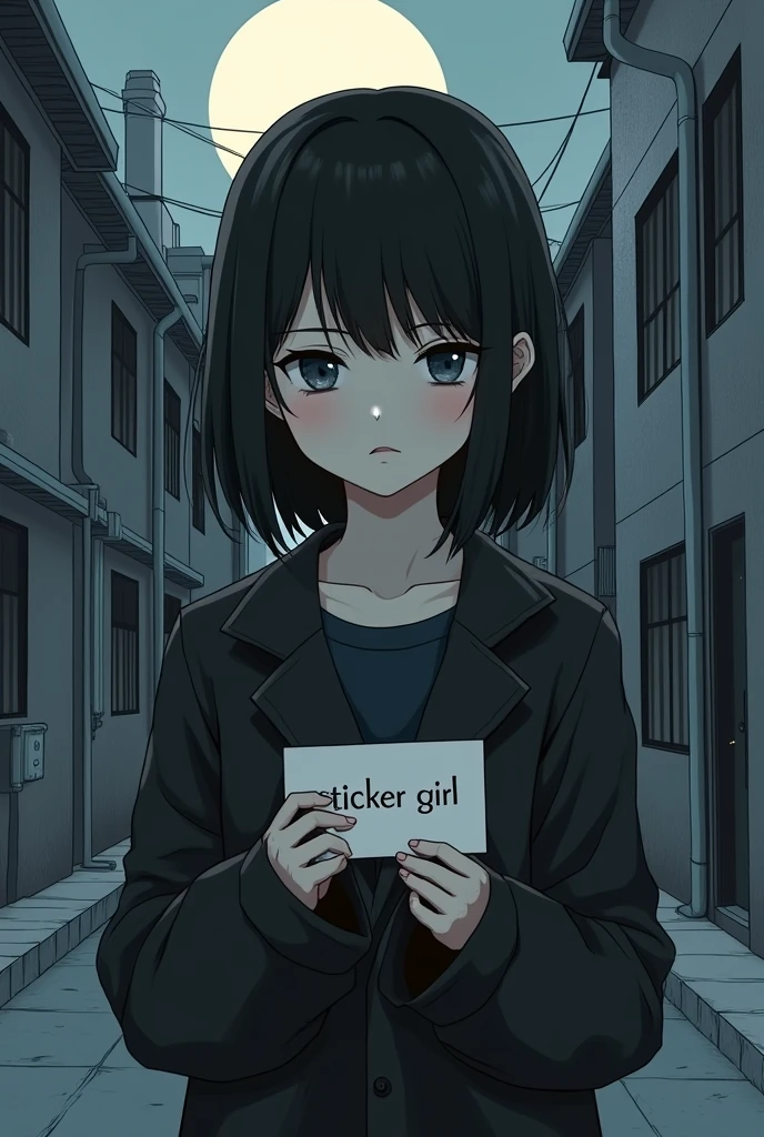 Dark boring girl in god mood. Wearing black cloth like sckool dress- In her hand a white squar stiker-. Beside her many boring buildings in a moonlight night. The scene is a little black and white, natural, comics type vibe,
written ''sticker girl'' in suitable place like poster.
