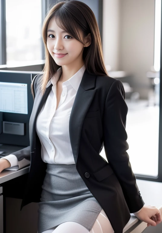 (Highly detailed CG Unity 8K wallpapers, Highest quality, Very detailed, Looking at the camera:1.2, The light shines on your face:1.5, Gray background, Professional Lighting), Upper Body, 20-year-old Japanese female paralegal. Hair length is medium, dark, Back to practical style; Oval face and well-defined eyebrows, Intelligent almond-shaped eyes, Straight nose, and a gentle tone. Outfit includes a tailored blazer, Crisp white shirt, discreet pendant necklace, It symbolizes her efficient and focused personality., front, Mid Shot, smile, mini skirt, pantyhose, High heels, Perfect beauty, office worker,