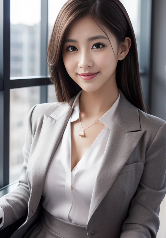 (Highly detailed CG Unity 8K wallpapers, Highest quality, Very detailed, Looking at the camera:1.2, The light shines on your face:1.5, Gray background, Professional Lighting), Upper Body, 20-year-old Japanese female paralegal. Hair length is medium, dark, Back to practical style; Oval face and well-defined eyebrows, Intelligent almond-shaped eyes, Straight nose, and a gentle tone. Outfit includes a tailored blazer, Crisp white shirt, discreet pendant necklace, It symbolizes her efficient and focused personality., front, Mid Shot, smile, mini skirt, pantyhose, High heels, Perfect beauty, office worker,
