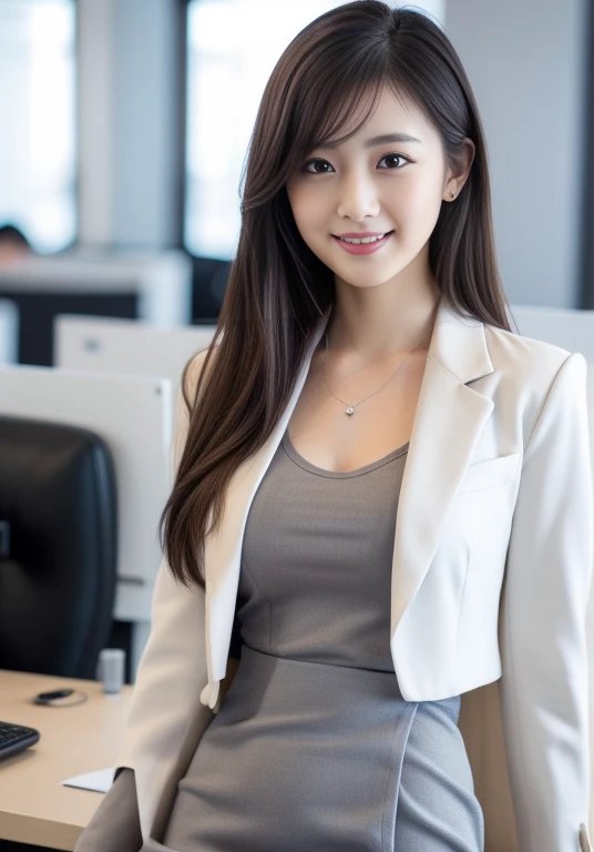 (Highly detailed CG Unity 8K wallpapers, Highest quality, Very detailed, Looking at the camera:1.2, The light shines on your face:1.5, Gray background, Professional Lighting), Upper Body, 20-year-old Japanese female paralegal. Hair length is medium, dark, Back to practical style; Oval face and well-defined eyebrows, Intelligent almond-shaped eyes, Straight nose, and a gentle tone. Outfit includes a tailored blazer, Crisp white shirt, discreet pendant necklace, It symbolizes her efficient and focused personality., front, Mid Shot, smile, mini skirt, pantyhose, High heels, Perfect beauty, office worker,