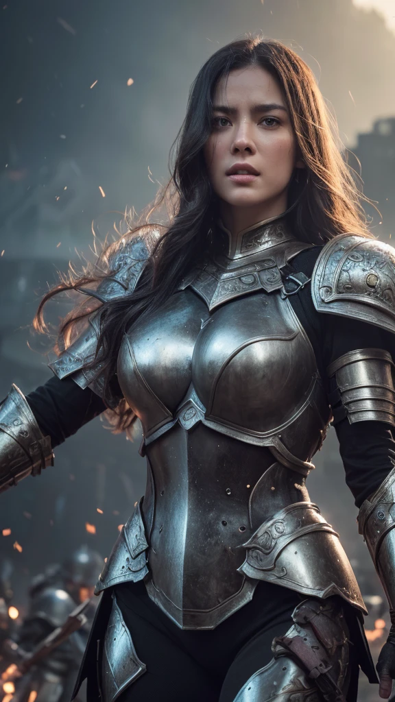 1girl, beautiful large-breasted woman, wearing armor leading an army of thousands, fantasy, highly detailed, cinematic, dramatic lighting, epic battle scene, dark and gritty, muted color palette, volumetric lighting, ultra-detailed, (best quality,4k,8k,highres,masterpiece:1.2),ultra-detailed,(realistic,photorealistic,photo-realistic:1.37)