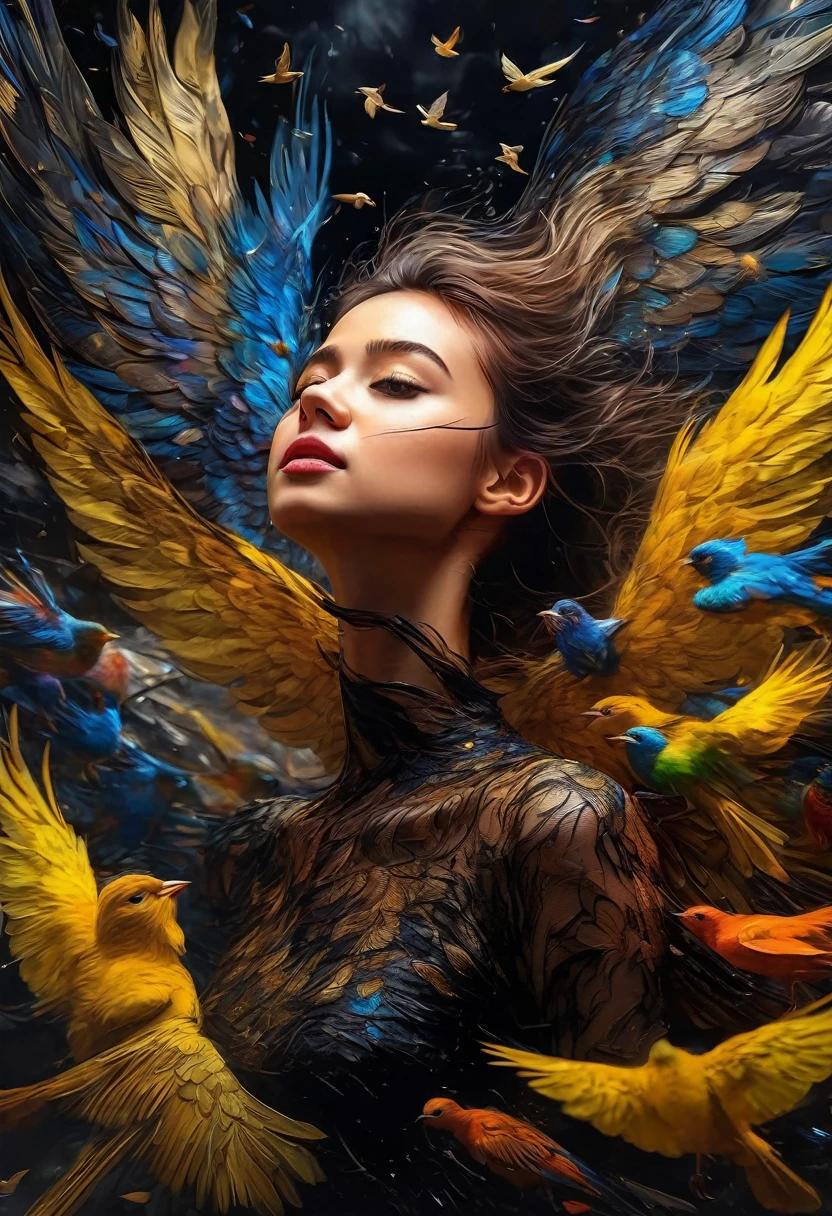 Rough surface, oil on canvas style, delicate face, upper body, a girl, a girl in a black dress, big bird wings, fluttering, surrounded by birds, extreme flow, night, super detailed, intricate, 32k uhd megapixels
best quality --iw 0.5 --q 2 - -s 750 - -two 2 5