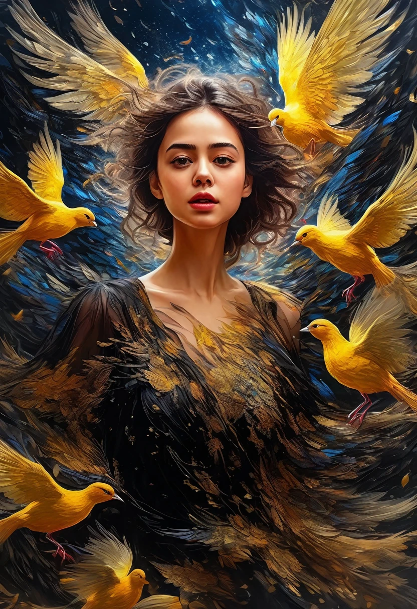 Rough surface, oil on canvas style, delicate face, upper body, a girl, a girl in a black dress, big bird wings, fluttering, surrounded by birds, extreme flow, night, super detailed, intricate, 32k uhd megapixels
best quality --iw 0.5 --q 2 - -s 750 - -two 2 5