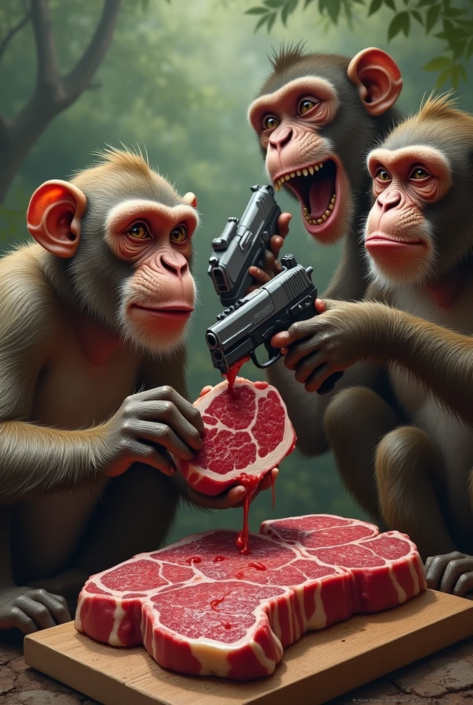 monkeys eat stake and his have a gan