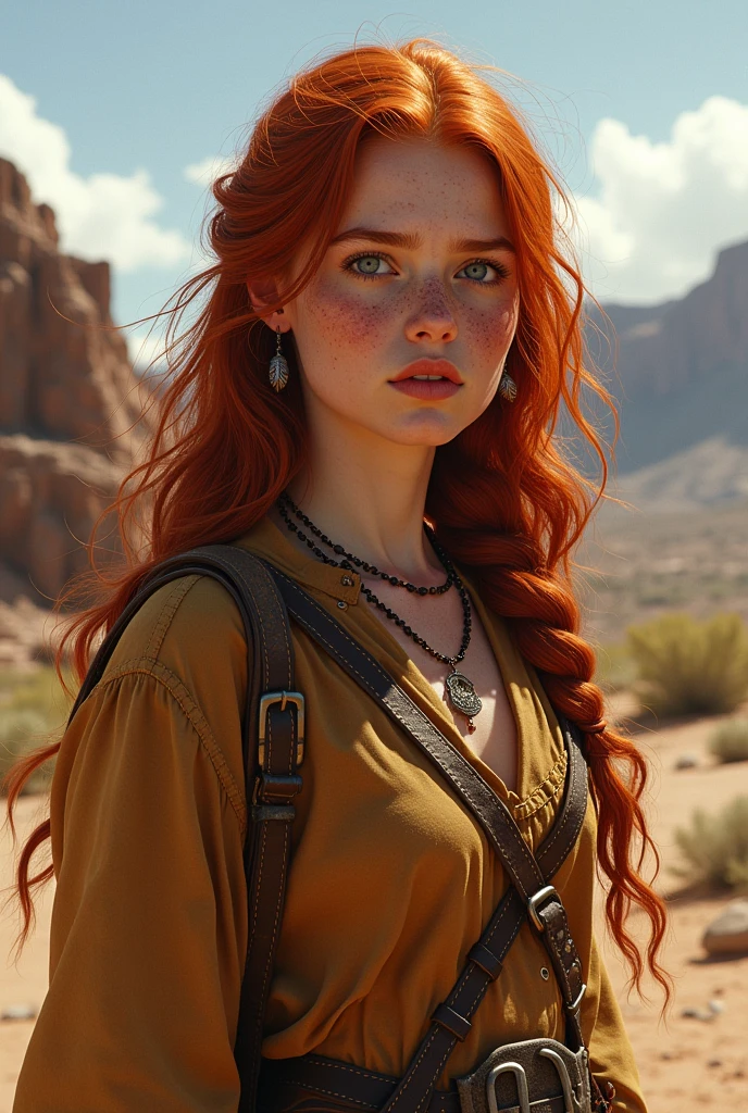 Jeune femme rousse, d'origine irlandaise, cheveux longs avec quelques tresses, tâches de rousseur apparentes, élevée par des natif américains dans un univers far west