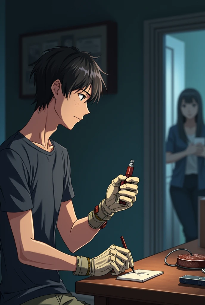 anime man soldering a mechanical glove in a room. The door in the corner is opened slightly with someone who's blurry peeking through.