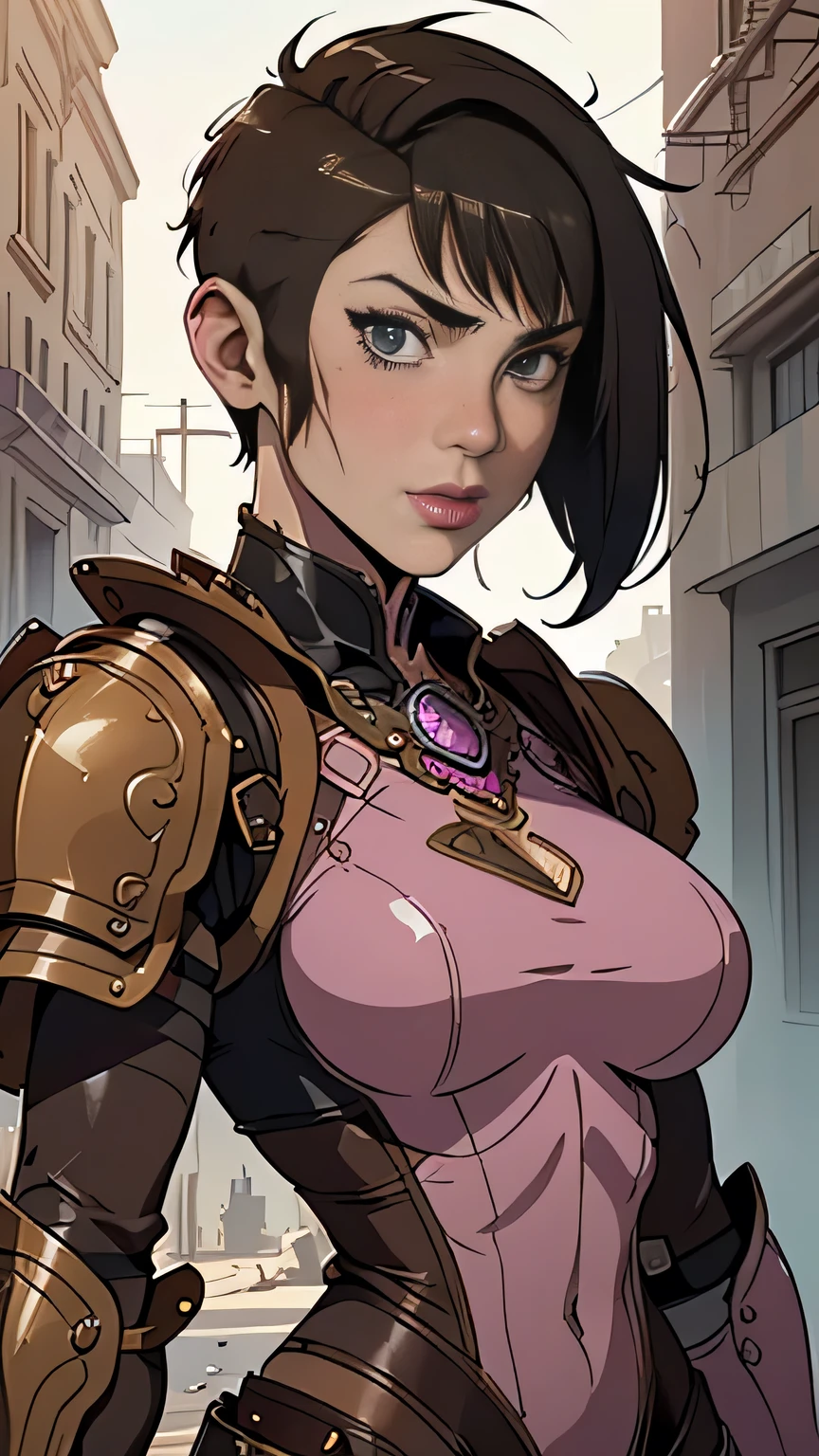 photo of mlp Meowko, RAW, beautiful woman, ((portrait)), ((detailed face:1.2)), ((anime face, anime facial feature, beautiful anime mouth, clear skin, clear skin), (short messy lesbian haircut, one shaved side, brunette: 1.55), (perfect proportioned body, Strong, muscular, narrow waist, narrow hips, skinny, large breasts), (wearing pink Warcraft leather armor, leather hunter armor: 1.4), (steampunk city streets: 1.15), (realistic photo, best quality, detailed), (8k wallpaper), (cinematic lighting, beautiful light, (day:1.3)) (sharp focus, intricate)