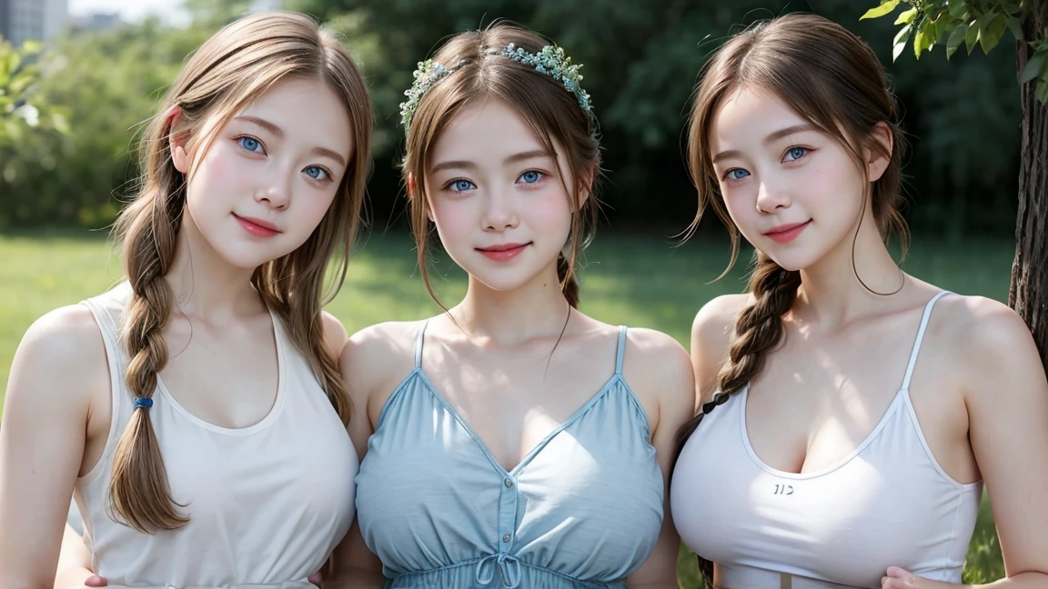 (3 girls), young faceอินโดนีเซีย, smile, white skin, Round breast, blue eyes,Heart braid, skirt, random color tank top, masterpiece, Highest quality, 8ก, beautiful girl, young face、 photography, Cute face, thigh,In the summer meadow,、รอยsmile、((((((12 years))))))、small waist,blue eyes(((The chest is erect..:1.0)))(((round chest:1.2)))(((big breasts:1.3)))
