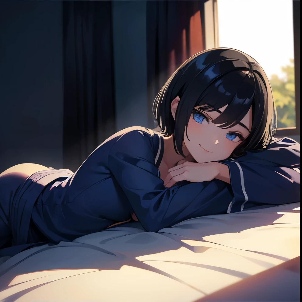 [(Beautiful young girl) (short black hair) (blue eyes) (flat chest)]  ([high Definition] [correct anatomy]): (morning time) (morning sun ligth thru a window) ( wearing pijamas) (laying in a bed) (smiling) (sleepy)