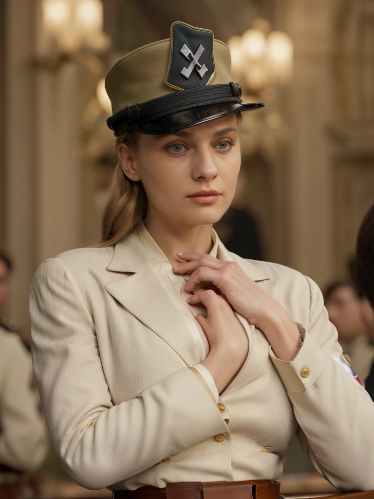 a woman in 1943 setting, full upper body, open jacket, high quality, realistic, sks woman, white blouse, black jacket, nazi uniform, ss woman, nazi woman, inglorious basterds movie, skirt