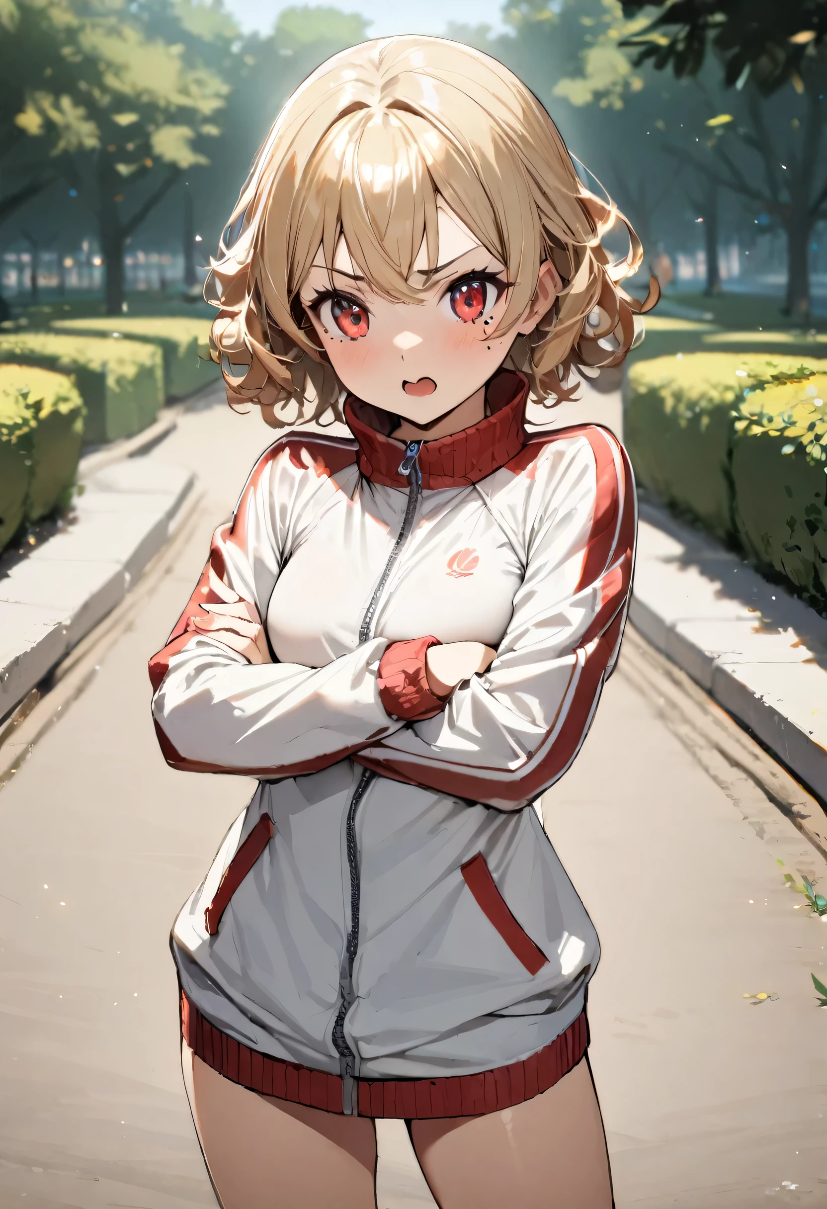 (((1girl))), ((young girl)), ((young age)), whole body, medium breasts, Beige blonde hair, curly hair, short hair, red eyes, mole under eye, tsurime, contrapposto, Yelling, crossed arms, track jacket, park, masterpiece, best quality, high details, anatomically correct, high quality, best quality, high details