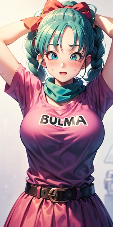 1 Female,High definition,high resolution,Ultra-realistic,8K, dragon ball, blmpony, aqua hair, hair ribbon, braided ponytail, pink shirt, belt, scarf, pink skirt, clothes writing, brown gloves,European,sexy,Upper body close-up,Photographed from the front,Dynamic Angles,blush, medium tits, happy, wink the eye,facial, sweat,multicolored hair ,  arms up,arms together 