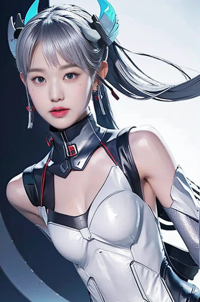 best quality, 1080P, Masterpiece, Whole body photo, Ultra high resolution, photorealistic photo, ultra realism, Realistic skin texture, light White hair, Extreme skin detail, dslr, Detailed eyes, Facing the camera, Very beautiful face, Firm facial structure, Pale skin, Realistic skin texture, Extreme skin detail, oc render reflection textures, Realistic light and shadow, one picture, alone, The body will be slender and balanced., Age 20, no underwear, Flat stomach, (Shiny white leather bodysuit), full body view, Whole body photo, A girl with the body of a mechanical robot., Transparent futuristic white glass mech armor.,Airi_AoV_HS, 1girl, solo, white hair, bangs, long hair, very long hair, twin tail, headband, black headband, cyber headband, horns, eyelashes, long eyelashes, eyeliner, sharp eyelids, blue eyes, makeup, lips, earrings, red earrings, head, face, smile, close mouth, bodysuit, white/black bodysuit, leotard, cybernetic leotard, bare shoulders, shoulder armor, white/black shoulder armor, transparent shoulder armor, arm armor, gloves, gray gloves, thighs, white thighs, stockings, cyber tights, boots, long boots, platform shoes,