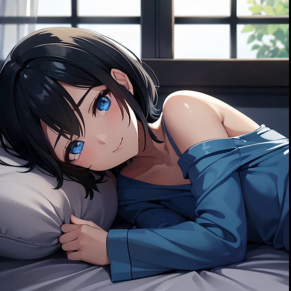 [(Beautiful young girl) (short black hair) (blue eyes) (flat chest)]  ([high Definition] [correct anatomy]): (morning time) (morning sun ligth thru a window) ( wearing pijamas) (laying in a bed) (smiling) (sleepy) (close face)