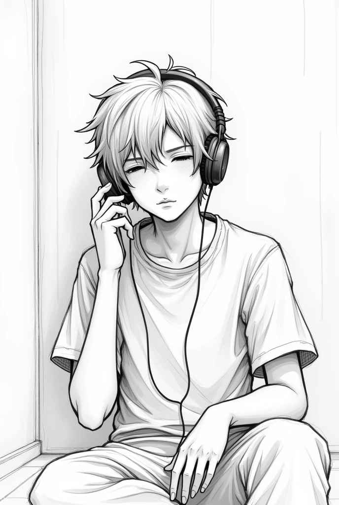 A sketch of a A boy sitting alone listening to music