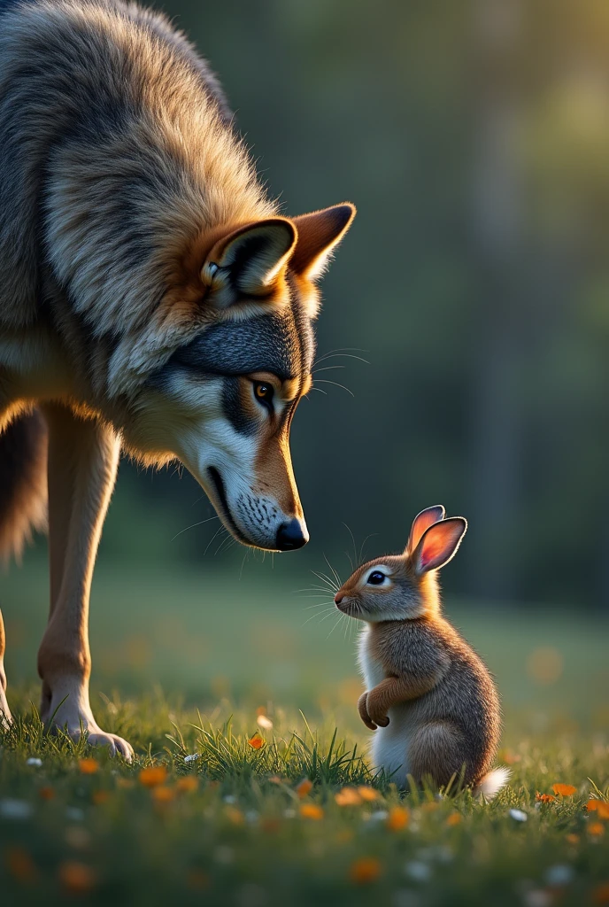 The wolf looks at the rabbit.