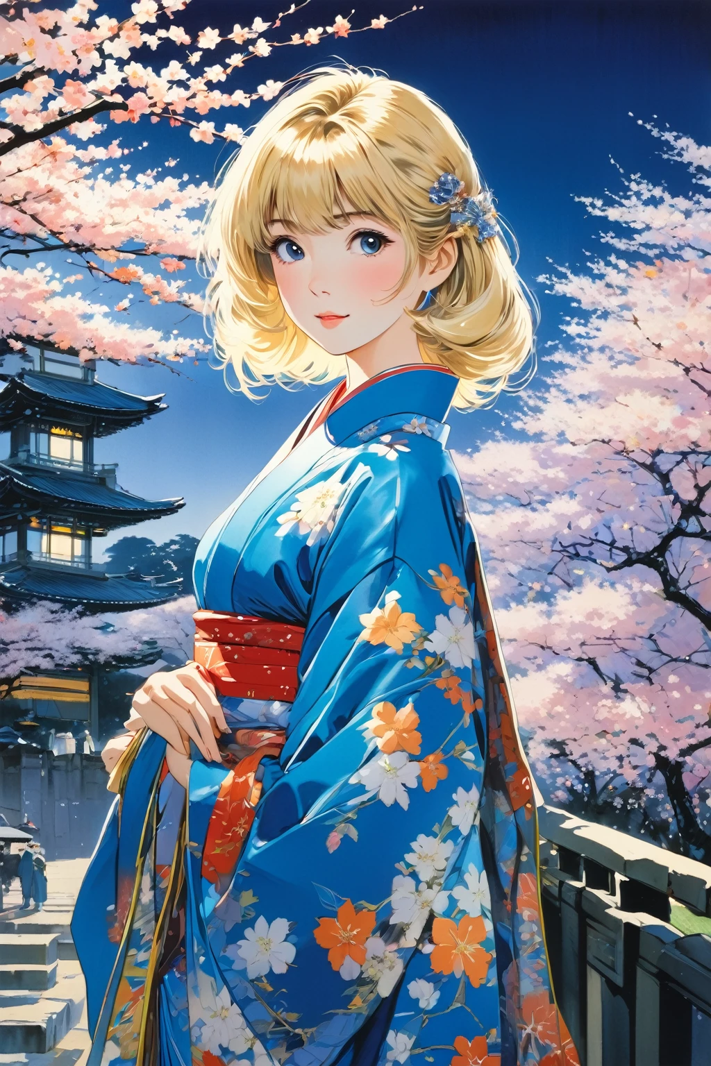 1girl blonde hair blue kimono, 
1980s night at Ueno Park ,blossom trees,
(art by  Noriyoshi Ohrai	)