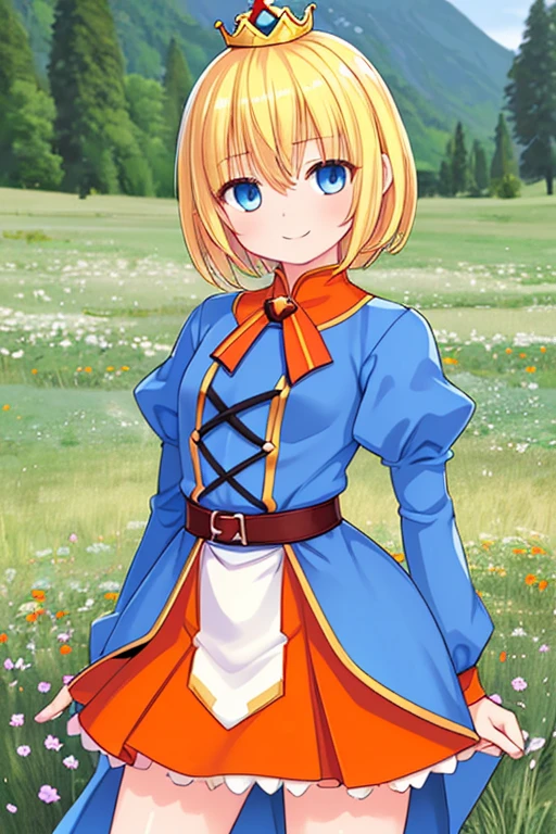 Guardian Tales Game Characters,Girl1,Little Princess,blonde hair,short hair,hair between the eyes,blue eyes,The eyes are detailed.,Red short coat,Top with skirt,Two-layer skirt,(Orange Shirt),White lower skirt,crown,Smooth skin,Sleeping position,look at the viewer,Big smile,Vast meadows,(Outstanding Achievements),(sharp)(,Highly detailed),((Realistic))
