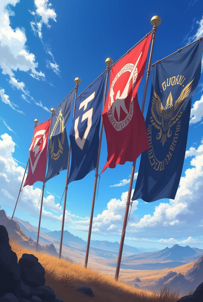 5 banner flags raising anime front