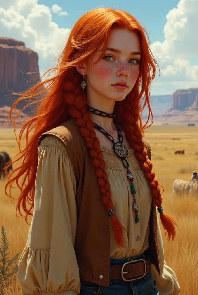 Jeune femme rousse, d'origine irlandaise, cheveux longs avec quelques tresses, tâches de rousseur apparentes, élevée par des natif américains dans un univers far west