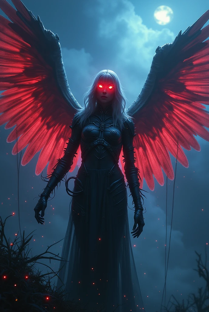 Cosmic Fallen Angel, glowing light eyes, Biomechanical, eerie, Creepy, nightmarish, Very bright colors, Light particles, with light glowing, Mshiff, wallpaper art, UHD wallpaper, cinematic styles, cinematic lights