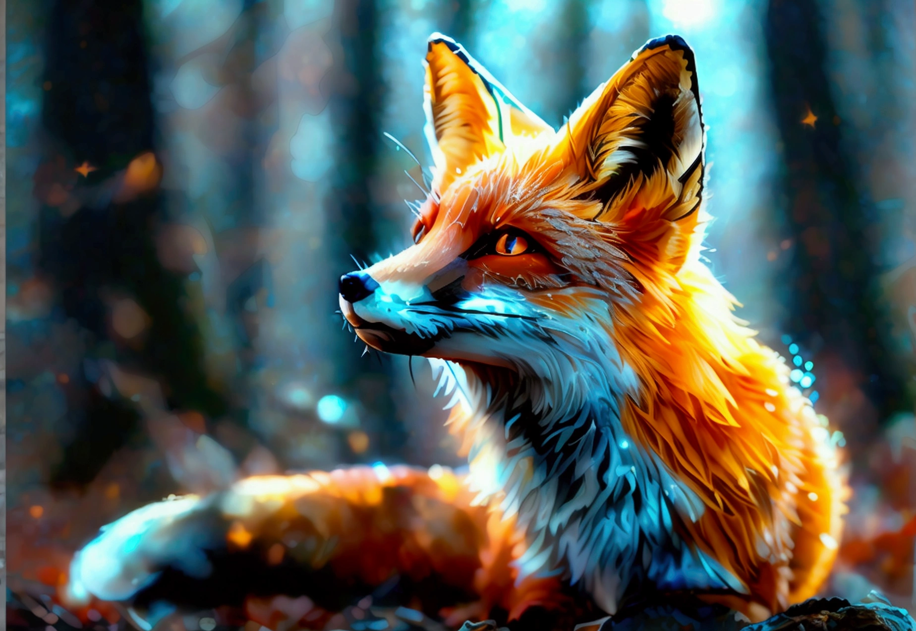 a detailed fox-like character with a galactic fur pattern, the character levitating, a detailed starry night sky above a forest, 1 character, extremely detailed face and eyes, highly detailed fur, ethereal, glowing, cinematic lighting, fantasy, digital art, octane render, 8k, hyper realistic, photorealistic, masterpiece