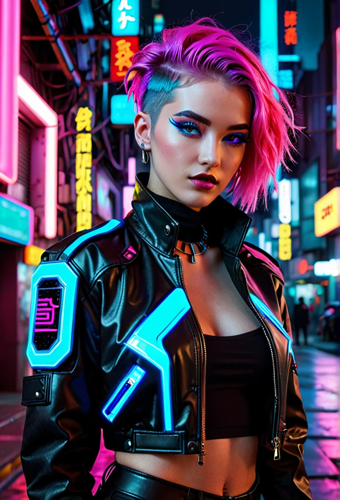 The image depicts a person with a striking cyberpunk-inspired look. The individual has a short, dyed hair style with vibrant shades of pink and blue, and their makeup is equally bold, featuring neon accents that complement the hair colors. They are wearing a black leather jacket adorned with neon pink and blue accents, giving it a futuristic, high-tech appearance. The jacket has a distinctive design with what appears to be a camera or sensor integrated into the chest area, adding to the cybernetic aesthetic.
The person is also wearing a black top with a similar neon design, and the overall outfit is completed with what seems to be a black choker necklace. The background is a cityscape at night, illuminated by neon lights, which enhances the cyberpunk theme of the image. The lighting and color grading contribute to a moody and atmospheric vibe, suggesting a setting that is both urban and otherworldly. The image is likely a creative concept or a promotional piece for a fashion or entertainment project that embraces the cyberpunk genre.