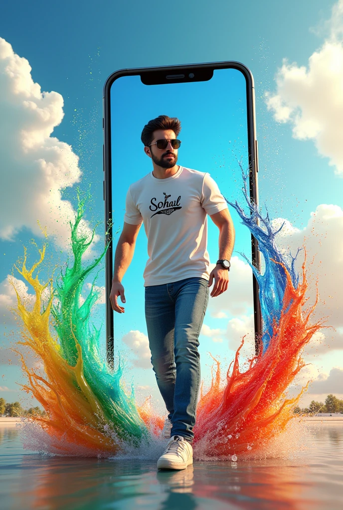 Create a 3D illustration of a realistic man character walking out from social media with a splash colours water effect. The character must wear a Pakistani independence day clothing sneakers and sunglasses. “Sohail” is written on his T-shirt. The background is a social media profile with a user name “Sohail” and profile picture of him and a beautiful sky profile cover.