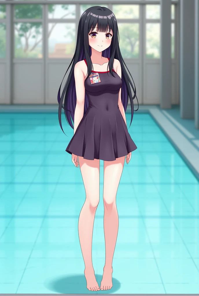 Standing by the pool at an empty school、Long black hair、Swimwear、mini skirt、Cute Face、barefoot、Smiling、Full body portrait