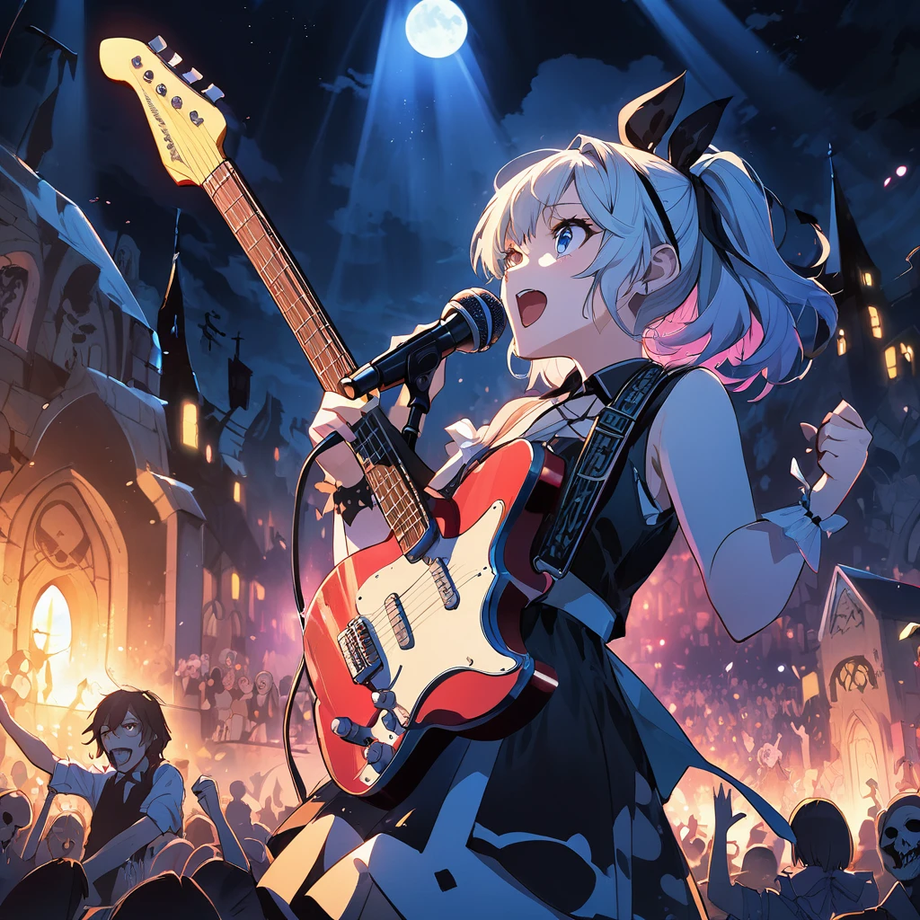 Bold brushstrokes, anime style illustration, midsummer night, crazy fun, cinematic lighting, Alice and the main characters from "Alice in Wonderland" performing a rock concert in a graveyard in the middle of the night, Alice with an electric guitar hanging from her shoulder, singing into a microphone, the dead audience cheering on.