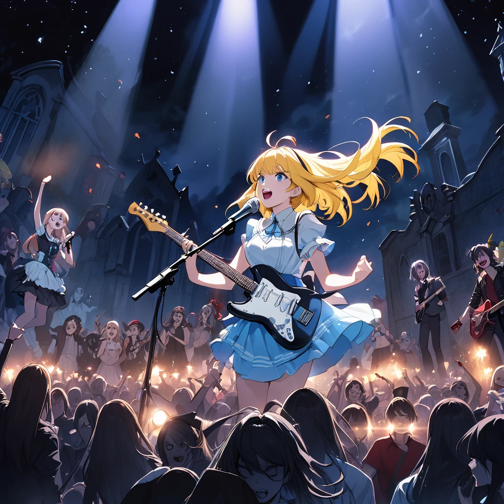 Bold brushstrokes, anime style illustration, midsummer night, crazy fun, cinematic lighting, Alice and the main characters from "Alice in Wonderland" performing a rock concert in a graveyard in the middle of the night, Alice with an electric guitar hanging from her shoulder, singing into a microphone, the dead audience cheering on.