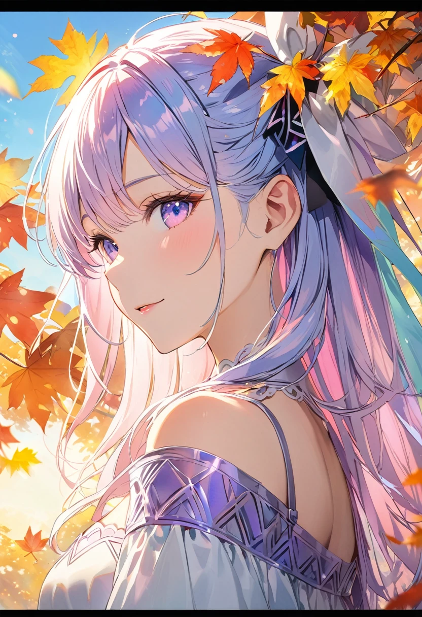 (8K, Highest quality, masterpiece:1.2),(Highest quality:1.0), (Ultra-high resolution:1.0), watercolor, Beautiful woman, shoulder, Hair Ribbon, Agnes Cecil, Half Body Portrait, Very bright and luminous design, pastel colour, (ink:1.3), Autumn Light,