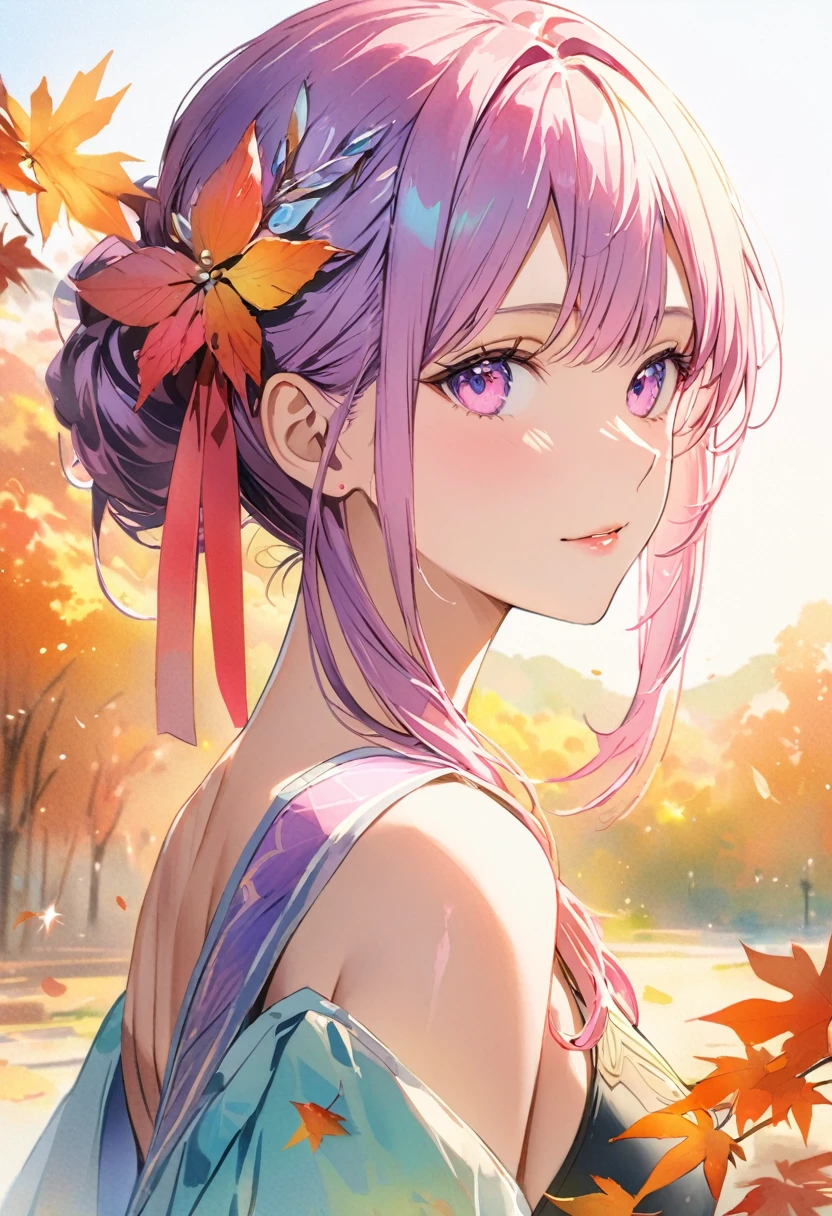 (8K, Highest quality, masterpiece:1.2),(Highest quality:1.0), (Ultra-high resolution:1.0), watercolor, Beautiful woman, shoulder, Hair Ribbon, Agnes Cecil, Half Body Portrait, Very bright and luminous design, pastel colour, (ink:1.3), Autumn Light,