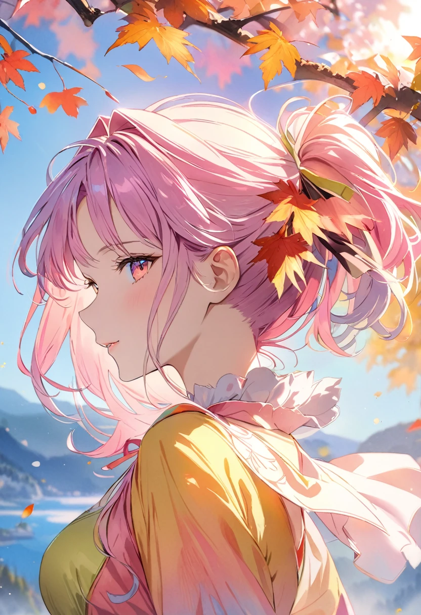 (8K, Highest quality, masterpiece:1.2),(Highest quality:1.0), (Ultra-high resolution:1.0), watercolor, Beautiful woman, shoulder, Hair Ribbon, Agnes Cecil, Half Body Portrait, Very bright and luminous design, pastel colour, (ink:1.3), Autumn Light,