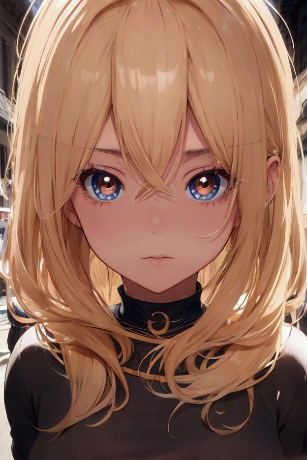 blond hair, brown eyes, everyday clothes, long eyelashes, solid circle eyes, serious looking, facing straight at the viewer, pov, atmospheric perspective, 8k, super detail, accurate, best quality