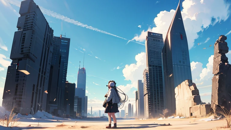 Girl wearing headphones、Looking up at the vast blue sky beyond the horizon。.. Shots from afar. Cinematic. Wide-angle. 4K、White Long Hair、