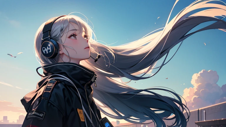 Girl wearing headphones、Looking up at the vast blue sky beyond the horizon。.. Shots from afar. Cinematic. Wide-angle. 4K、White Long Hair、